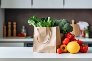 Eco-bag with fresh vegetables on the kitchen table. Eco-friendly shopping, zero waste.