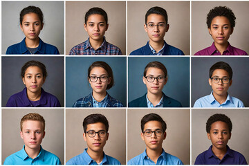 Portraits of diverse teenagers in a studio setting, showing a range of ethnic backgrounds and expressions