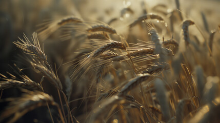 Fototapeta premium Wheat field. Ears of golden wheat close up. Beautiful Nature Sunset Landscape.