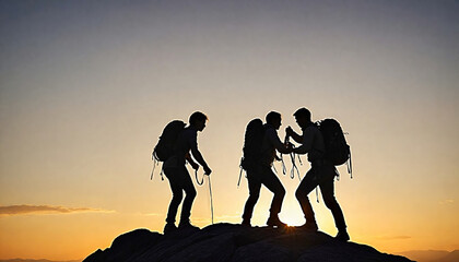 Silhouette of climbers helping each other reach the summit of a mountain at dusk, symbolizing teamwork and adventure