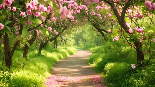 A dirt road winds its way through a lush landscape, enveloped by towering trees and vibrant flowers, A romantic pathway under blossoming apple trees