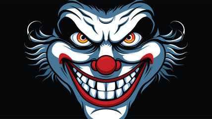 Creepy clown face sinister scary horror themed graphic. Evil jester head comic art style black background. Malevolent circus performer menacing grin exaggerated facial features vibrant colors
