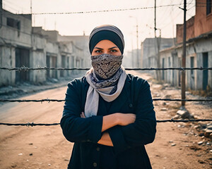Portrait of a confident young woman with arms crossed, wearing a scarf and standing in a devastated urban environment