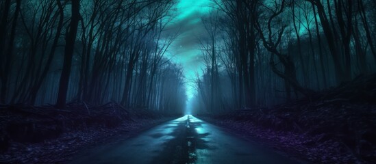 Mysterious dead forest road at night. Halloween concept