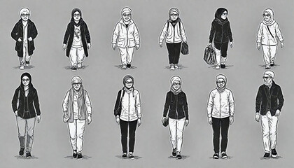 Icon Variations of a Woman Walking in Modern Winter Outfits