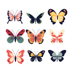 Collection colorful butterflies vector illustration. Various butterfly designs isolated white background. Assorted lepidoptera art, nature icons, graphic elements