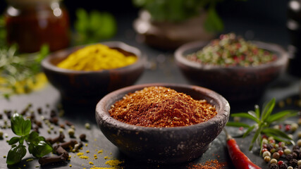 indian Spices and herbs on a black background