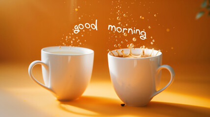 Fototapeta premium good morning message with two cups of coffee on bright yellow background,