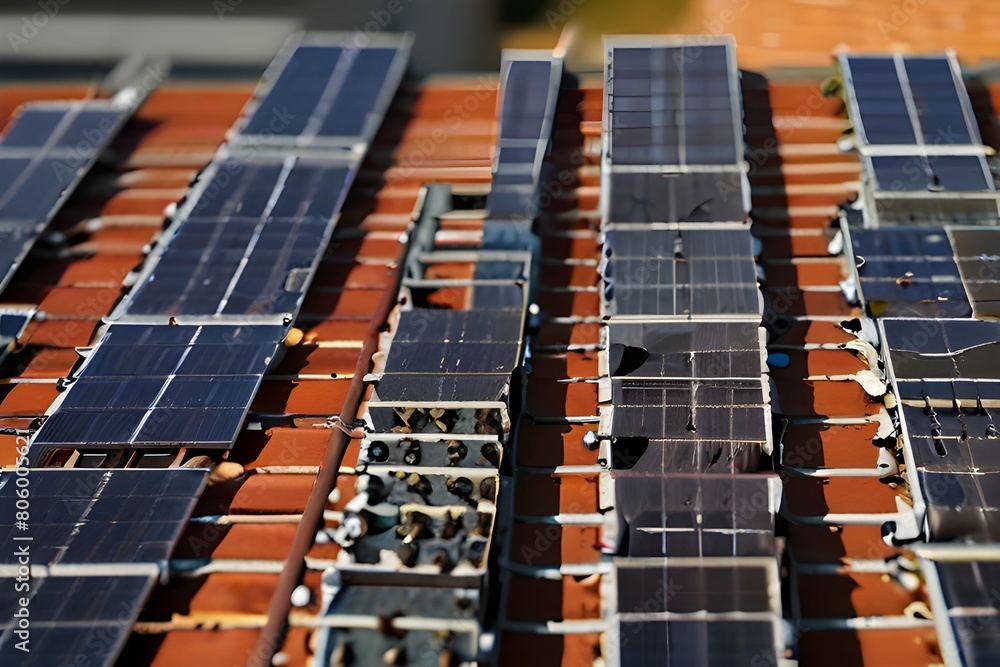 Wall mural pigeons on the roof solar panels on the roof of a house.generative.ai