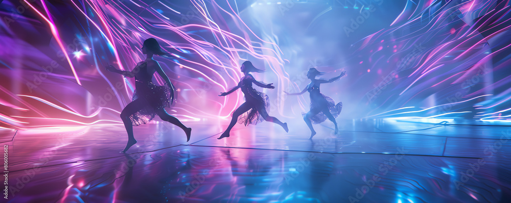 Fototapete capture the fusion of innovative technologies merging with expressive dance forms in a panoramic vis