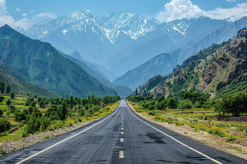 Naklejka premium A straight highway leads through scenic mountains to a breathtaking peak.