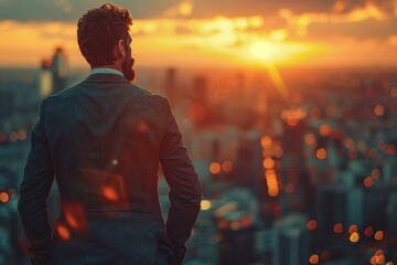 A professional businessman stands on a skyscraper terrace at sunset, contemplating the cityscape.