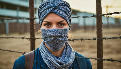  Portrait of a Woman with Covered Face Near Barbed Wire Fence, a symbol against suppression