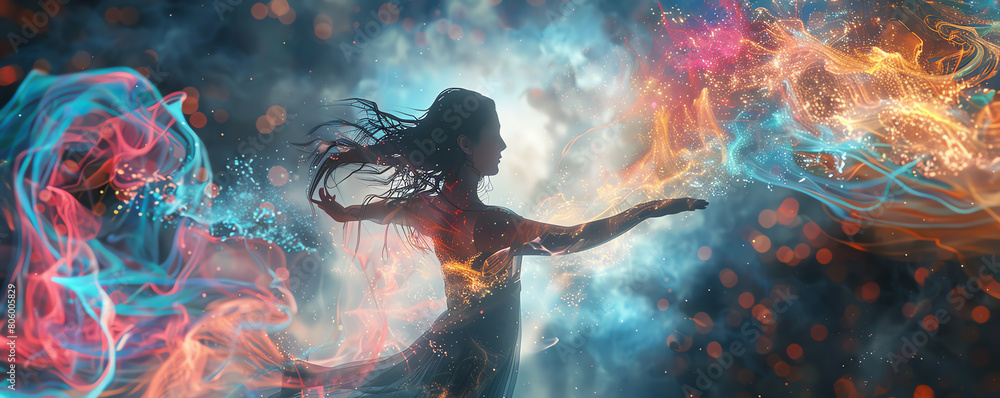 Fototapete capture the fusion of innovative technologies merging with expressive dance forms in a panoramic vis