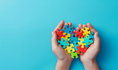 Children's hands holding colorful puzzle pieces forming the shape of a heart on a blue background