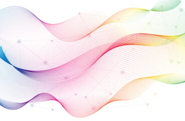 abstract white background with colorful wave flow lines and connecting dots and lines
