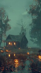 Obraz premium Spooky Halloween pumpkin in front of a house. Scary setting with a carved pumpkin in the forefront and a mysterious mansion amidst a dark, eerie forest It evokes a sense of fear and the supernatural
