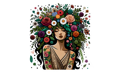 Nature's Embrace: Clip Art Sticker of a Woman in Harmony with Nature, Her Hair Adorned with an Elaborate Selection of Vibrant Blossoms