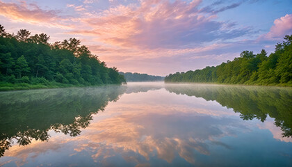 Landscape: Tranquil Dawn Reflection on a Serene Lake