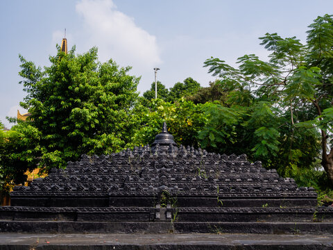 Jakarta, Indonesia (May 5, 2024): Mini Borobudur is on the Yogyakarta platform in the Taman Mini Indonesia Indah area, Jakarta, Indonesia.