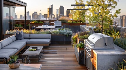 Modern urban rooftop garden with outdoor kitchen, lounge seating, and panoramic city views.