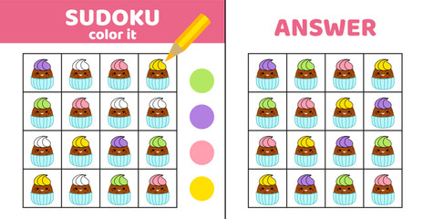 Sudoku. Chocolate cupcake. Coloring sudoku with cupcakes. Squishmallow. Cartoon