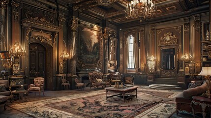 Renaissance-inspired interiors with opulent fabrics, intricate woodwork, and frescoes.