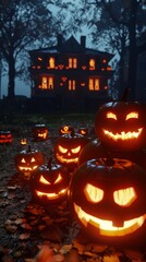 Spooky Halloween pumpkin in front of a house. Scary setting with a carved pumpkin in the forefront and a mysterious mansion amidst a dark, eerie forest It evokes a sense of fear and the supernatural