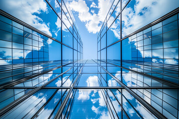 Obraz premium Reflective skyscrapers, business office buildings. Low angle photography of glass curtain wall details of high-rise buildings.The window glass reflects the blue sky and white clouds. . High quality