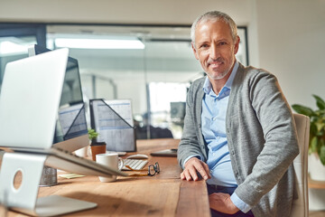 Mature man, portrait and CEO at desk, computer and check email at desk for communication. Person,...