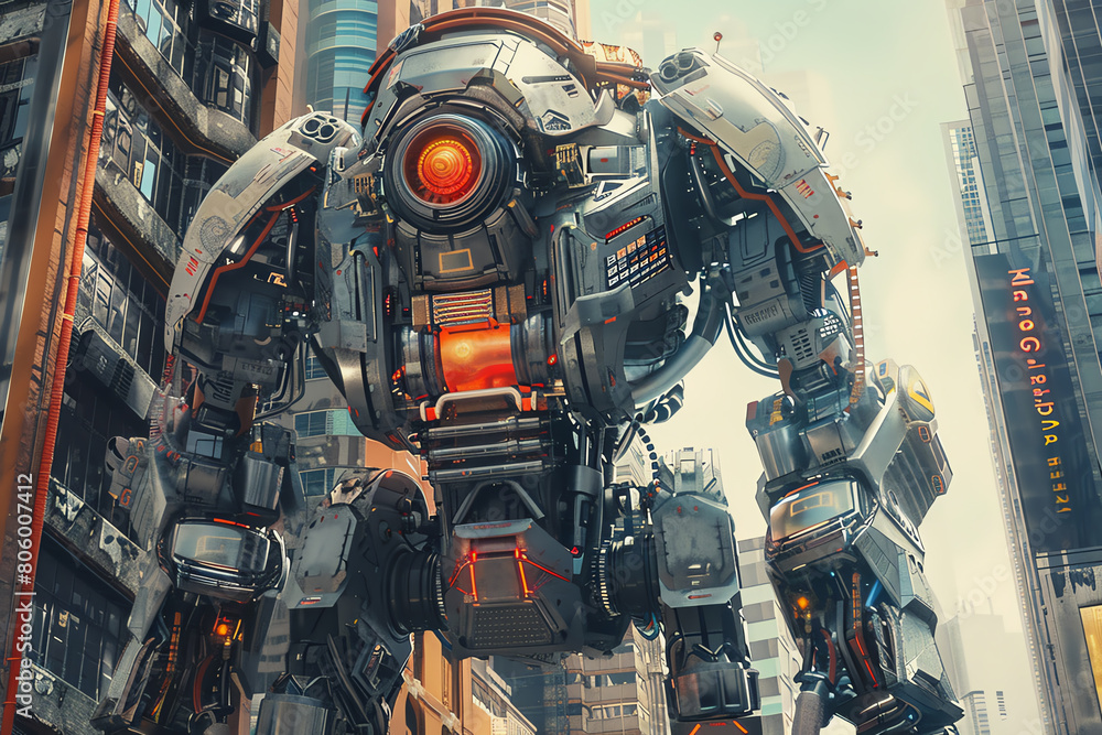 Poster capture the intricate details of a towering robotic mural through a dynamic wide-angle lens, emphasi