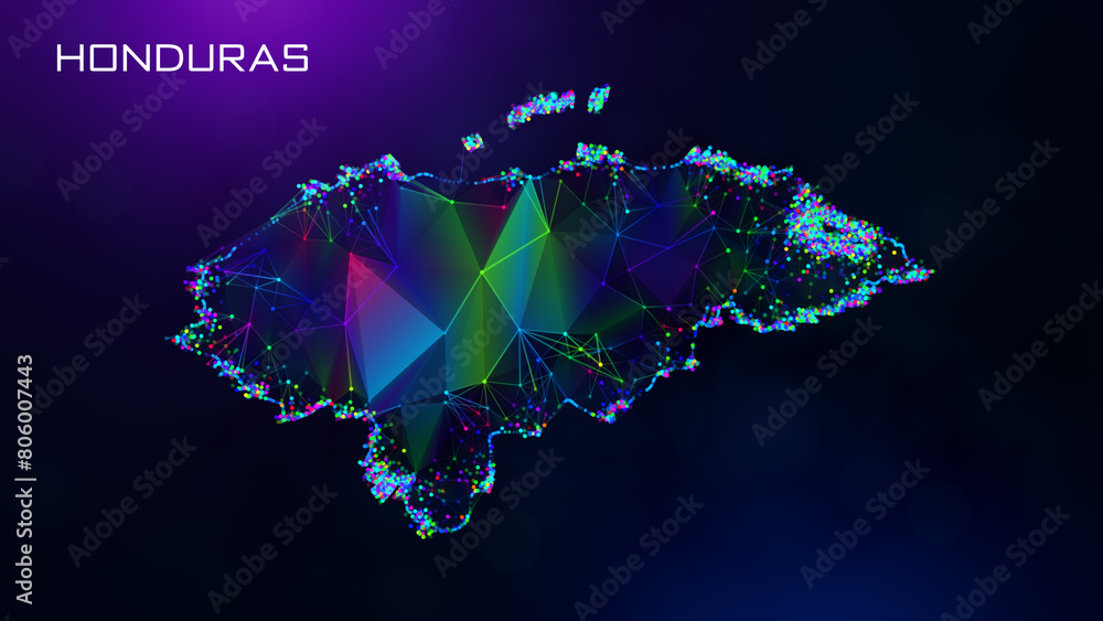 Poster futuristic honduras map polygonal blue purple colorful connected lines and dots network wireframe wi
