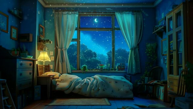 Animated background of cozy bedroom with starry sky view outside the window. looping time-lapse video