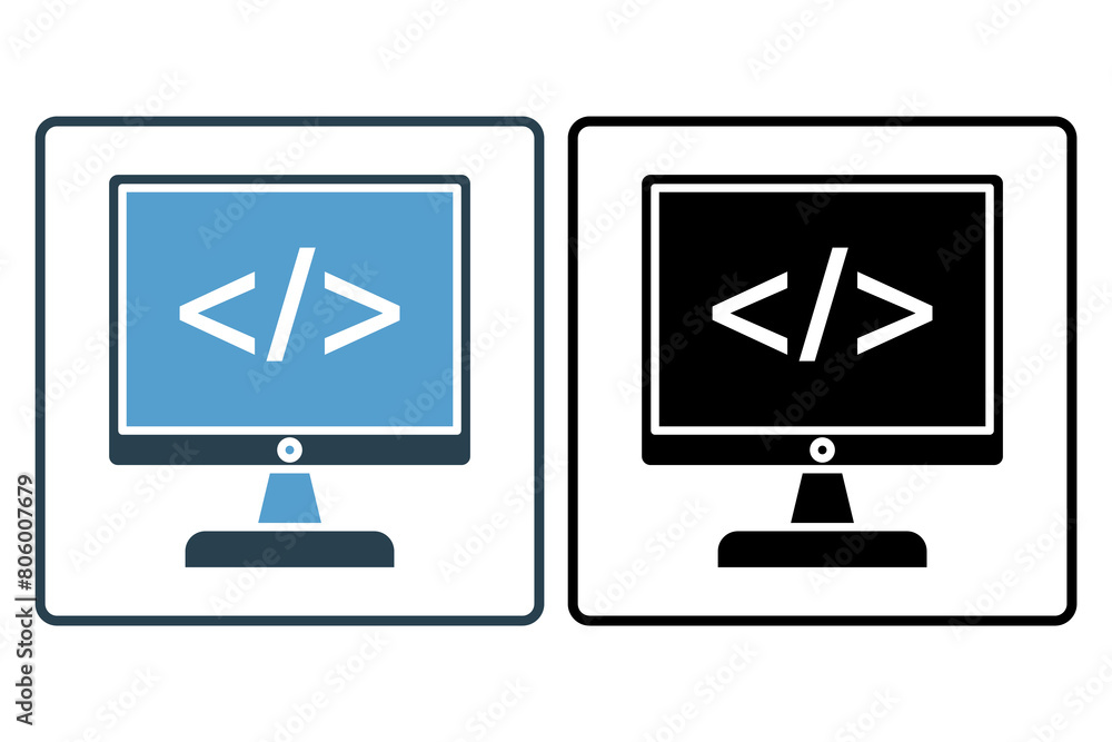 Poster computer screen with code icon. icon related to computer. suitable for web site, app, user interface