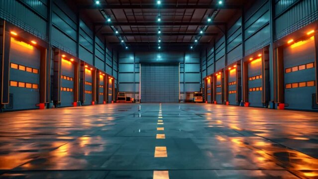 Empty of Hangar or industrial building. Protection with security door or roller shutter or overhead door. Interior design with concrete floor.