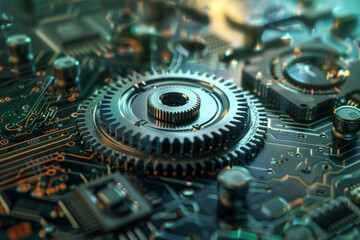 Futuristic gear integrated on a circuit board.