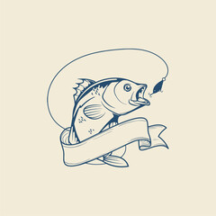 llustration fish logo with a fishing hook and a banner vector images