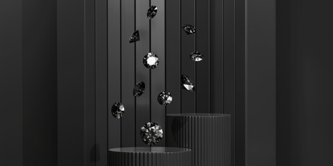 Fototapeta premium Black gemstone diamonds falling on black background 3d rendering 