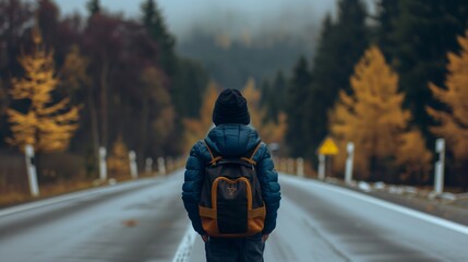 Journey Through Autumn: Solo Traveler on Forest Road