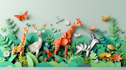 Whimsical paper cutouts showcase a vibrant jungle scene with giraffes, deer, and zebra surrounded by colorful butterflies and lush foliage.