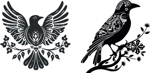 Black bird symbol. Stylized eastern ornament element