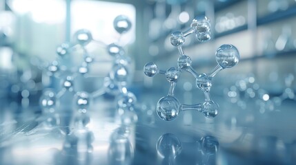 Abstract molecular models made of transparent spheres and rods are arranged in a modern laboratory, reflecting a futuristic and scientific atmosphere.