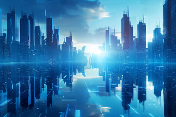 Futuristic cityscape with reflective surfaces at twilight.