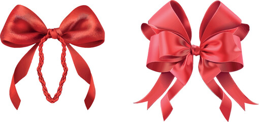Realistic wrap tie. 3d ribbon satin bow present xmas gifts, celebration christmas holiday birthday red festive rope hair gift box pack