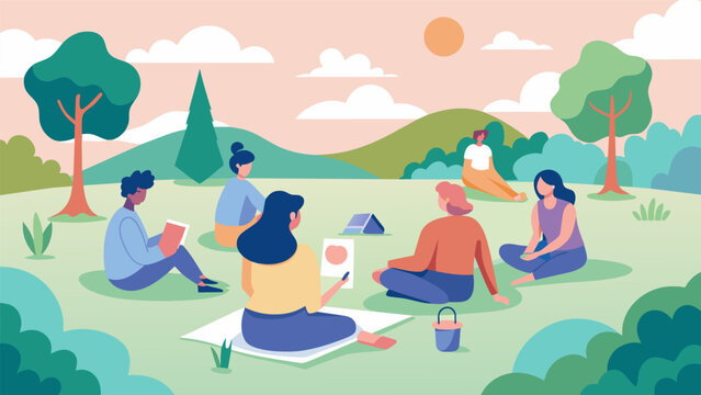 A serene scene in a park with a group of people sitting on blankets painting soft pastelcolored landscapes on small canvases..