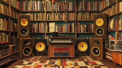Retro vinyl record room with wall-to-wall records, turntable, and vintage speakers.