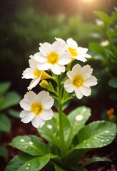 A white primrose flower in the rain.