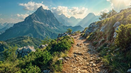 chemin de randonnée rocailleux escarpé en moyenne montagne par beau temps