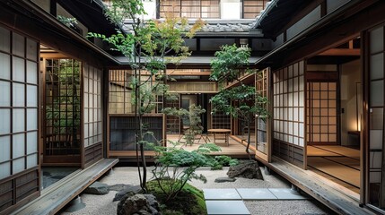 Traditional Japanese machiya townhouse with sliding shoji doors, tatami mat flooring, and a peaceful inner courtyard.