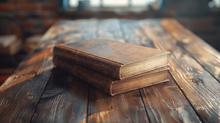Two old leather bound books sit on a wooden table